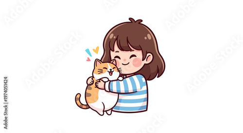 Cartoon vector art on a white background shows a happy character hugging a chubby cat to celebrate national pet day, expressing animal welfare awareness with a simple, clean design