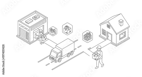 Isometric Delivery Service Illustration with Warehouse, Truck, and Home.