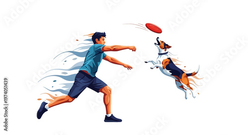 Vector art shows a man joyfully throwing a frisbee for his dog in an exciting celebration of animal welfare, designed as a clean and simple graphic with a bright, energetic mood on a white