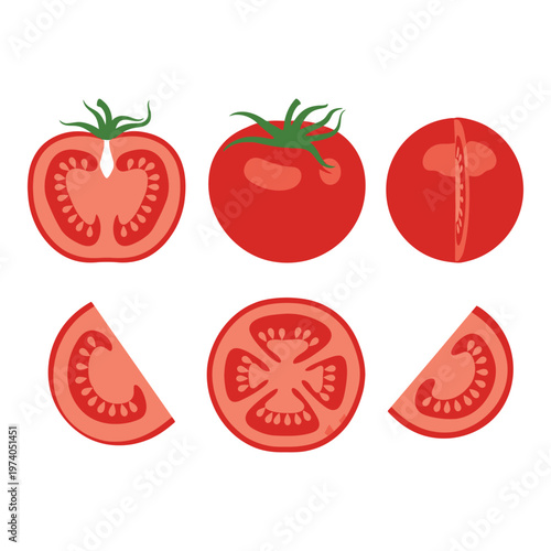 Fresh red tomatoes and slices on white background for food illustration icon
