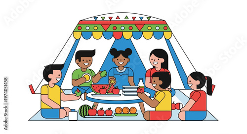 a charming illustration depicts a group of friends enjoying a picnic with vibrant fruits and drinks on transparent background silhouette high quality professional detailed modern elegant