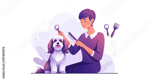 Vector art illustration celebrating National Pet Day with a woman grooming a happy dog using grooming tools, expressing excitement and awareness for animal welfare against a clean white