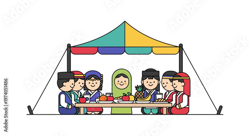 a colorful illustration depicting a traditional picnic scene with people seated under a striped awning on transparent background silhouette high quality professional detailed modern elegant stylish