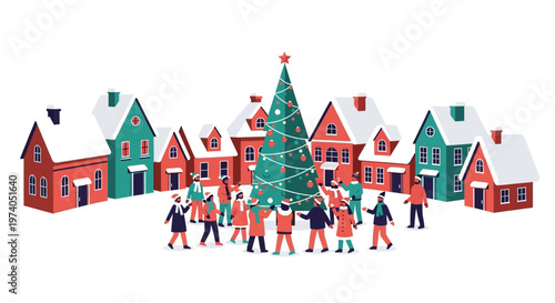 a charming winter village scene with a decorated christmas tree and people celebrating together in a festive mood on transparent background silhouette high quality professional detailed