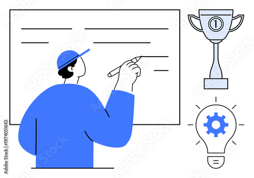 Achievement concept. Achievement portrayed through brainstorming, goal setting, and success visualization. Achievement motivates innovation and efficient planning. For education, business