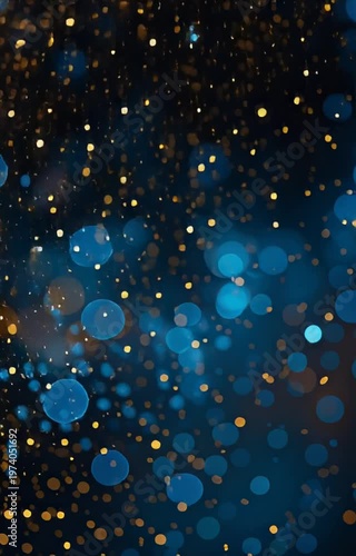 Abstract bokeh lights with shimmering golden and blue particles on a dark background creating a festive atmosphere.