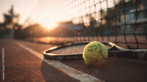 Tennis ball and racket on court at sunset