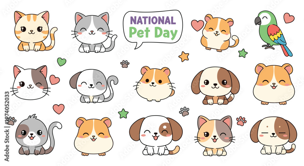 Fototapeta premium Adorable collection of cartoon pets including cats dogs hamsters and parrots. Sweet animal faces with hearts and stars. National pet day stickers. Kawaii style domestic animal character designs.
