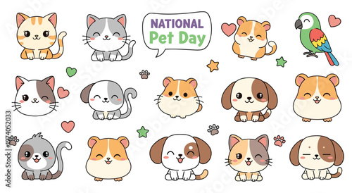 Adorable collection of cartoon pets including cats dogs hamsters and parrots. Sweet animal faces with hearts and stars. National pet day stickers. Kawaii style domestic animal character designs.