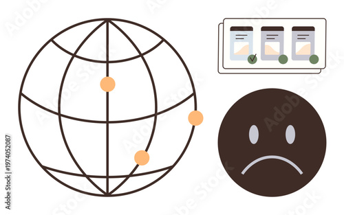 Online misinformation, communication breakdowns, global connections, emotional responses, data, and social media challenges. A globe, a sad face and a checklist interface. Online misinformation