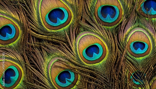 Close-up of ornate peacock feathers showing detailed patterns and vibrant jewel-toned colors