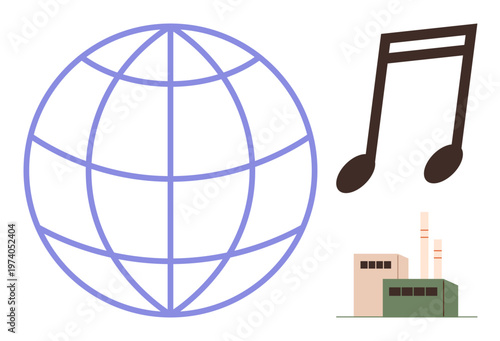 Globalization, music production, cultural exchange, entertainment innovation, industry growth, environmental impact. Large globe, musical note and manufacturing building. Globalization and music