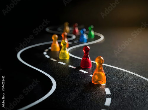 Colorful markers placed along a winding road symbolize journey progress, future goals, and strategic planning. Colorful game pawns following a winding path on a dark background