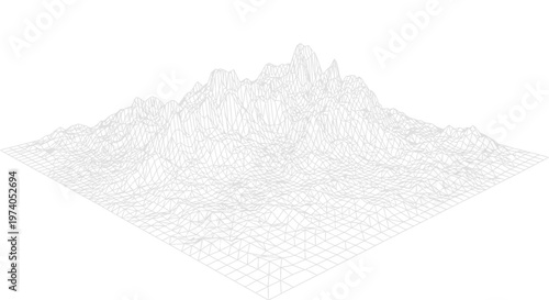 Abstract 3D wireframe terrain grid on white background.