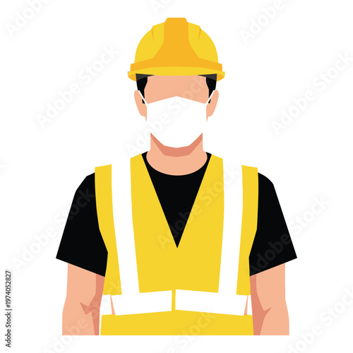 Man wearing yellow hard hat and safety vest with white face mask icon
