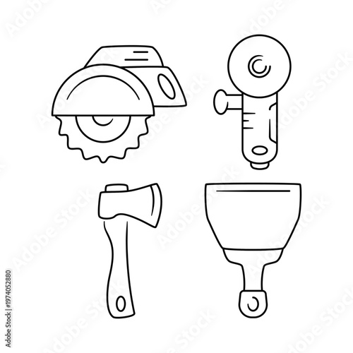 Power and Hand Tool Line Icon Set: Circular Saw, Angle Grinder, Axe, and Putty Knife. Professional Vector Outline Illustrations for Construction, Woodworking, Masonry, and DIY.