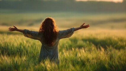 Woman with outstretched arms in a green field for Mental Health Awareness Month