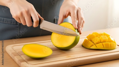 Expert hands preparing ripe mango on a wooden board for a fruit salad