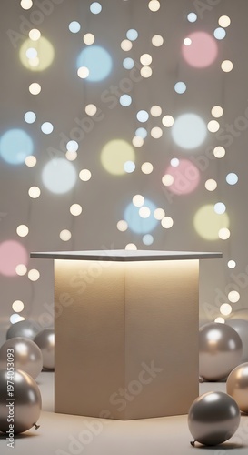 Festive product showcase pedestal with glimmering light orbs backdrop
