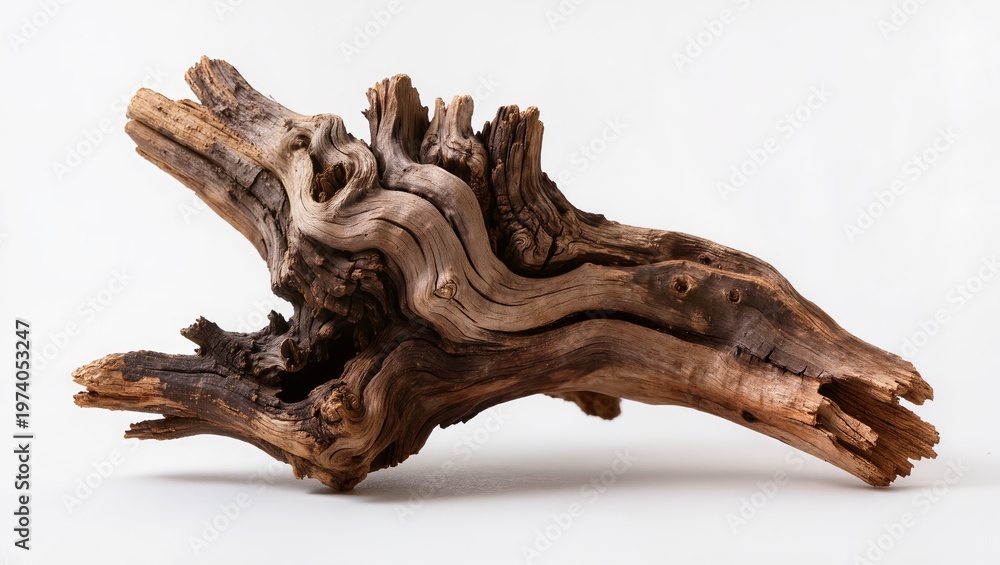 Fototapeta premium Weathered Driftwood Branch Isolated on White Background