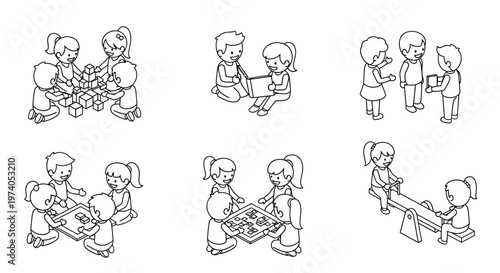 Children playing together in various group activities, illustrating teamwork and social interaction.