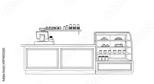 Detailed Line Drawing of a Cafe Counter with Cash Register and Display Case.