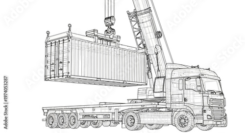 Detailed line drawing of a crane truck lifting a shipping container.