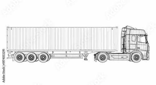 Detailed Line Drawing of a Large Semi-Trailer Truck with Container.