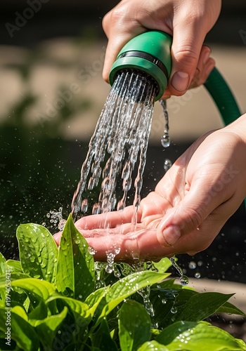 Gardener watering fresh green plants with a green hose