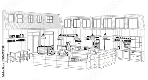 Detailed Wireframe Drawing of a Modern Coffee Shop Interior Design.