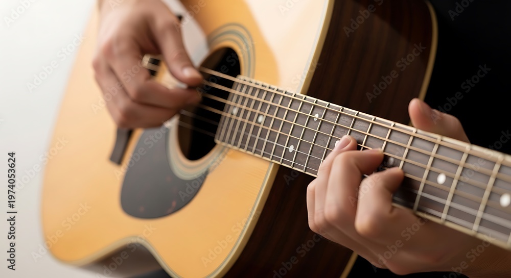 Fototapeta premium Acoustic guitar playing by hands, close-up view of fretboard and strings