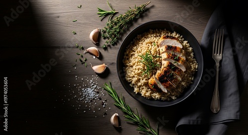 Grilled chicken breast served with creamy risotto and fresh herbs on a dark wooden table