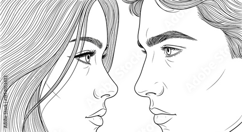 Detailed black and white line art illustration of a young man and woman looking at each other closely