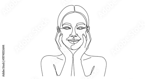 Minimalist one line drawing of a smiling young woman with hands on cheeks for beauty branding
