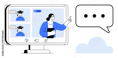 Online learning, remote collaboration, virtual classrooms, educational technology, video conferencing, e-learning platforms. A teacher presenting via live video while students interact. Virtual