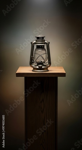 Illuminated lantern atop the wooden pillar, emitting soft light indoors