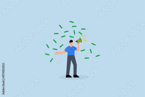 Referral marketing, businessman talk on megaphone money banknotes