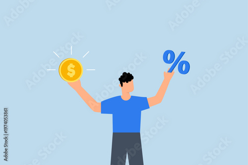 Lending, Businessman gripping dollar coin and percentage symbol