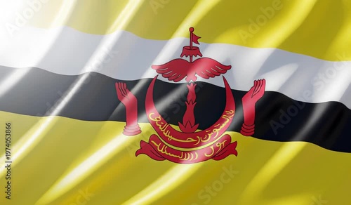 Waving flag of Brunei Darussalam with its national emblem prominently displayed in red, featuring a crescent, parasol, and wings.