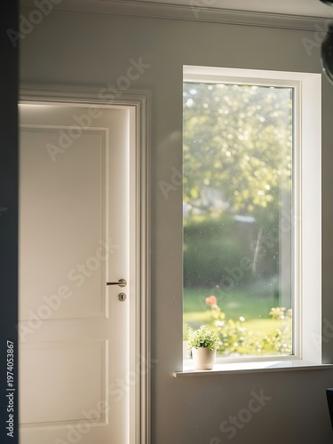 Interior tranquility, light filtering through window with door view
