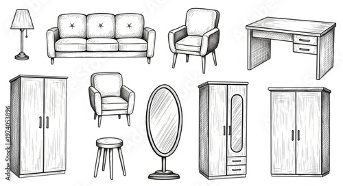 Sketch of Furniture Collection - Sofa, Armchairs, Desk, Wardrobes, Mirror, Lamp, and Stool.