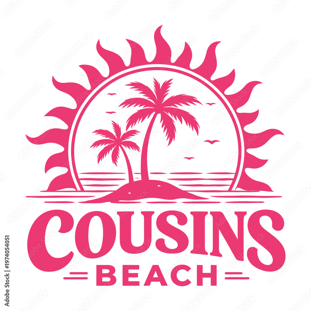 Fototapeta premium Cousins Beach Tropical Sunset Logo with Palm Trees and Ocean Waves Silhouette
