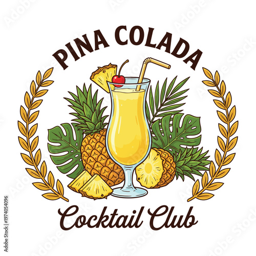 Vintage Pina Colada Cocktail Club Tropical Illustration with Pineapple and Palm Leaves
