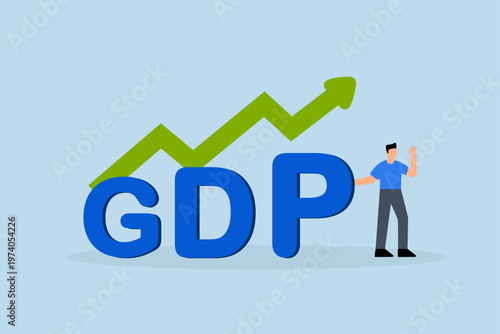 GDP Gross domestic product, Businessman is seen standing next to GDP sign and rising graph and chart.