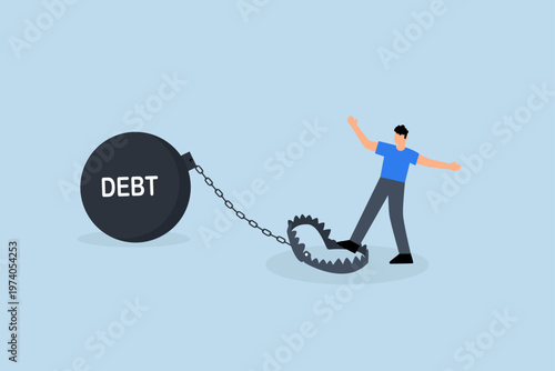 Debt trap overspending causing danger debt, young man step on risky debt trap