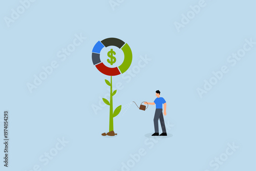 Investment portfolio, businessman watering grow plant of investing portfolio pie chart
