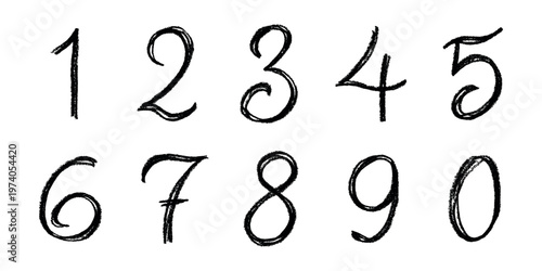 Hand drawn black numbers 1 2 3 4 5 6 7 8 9 0 Stylish brush painted numbers with pencil texture Count, math, kids education