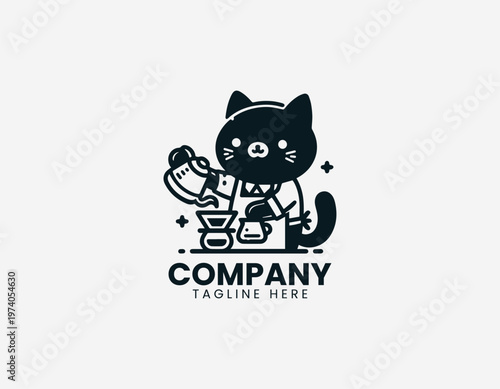 Cute cat preparing coffee with pour over method representing cafe lifestyle and beverage making activity in clean minimalist black vector illustration style on white background
