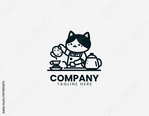Cute cat preparing coffee with pour over method representing cafe lifestyle and beverage making activity in clean minimalist black vector illustration style on white background