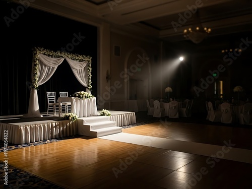 Romantic wedding stage arrangement with floral decor in ballroom space